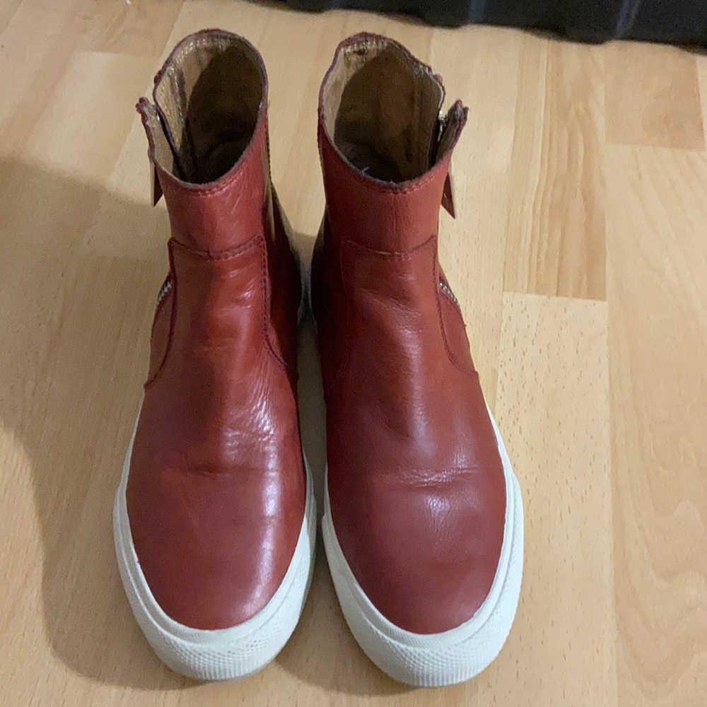 Frye Red Leather Platform Ankle Boots